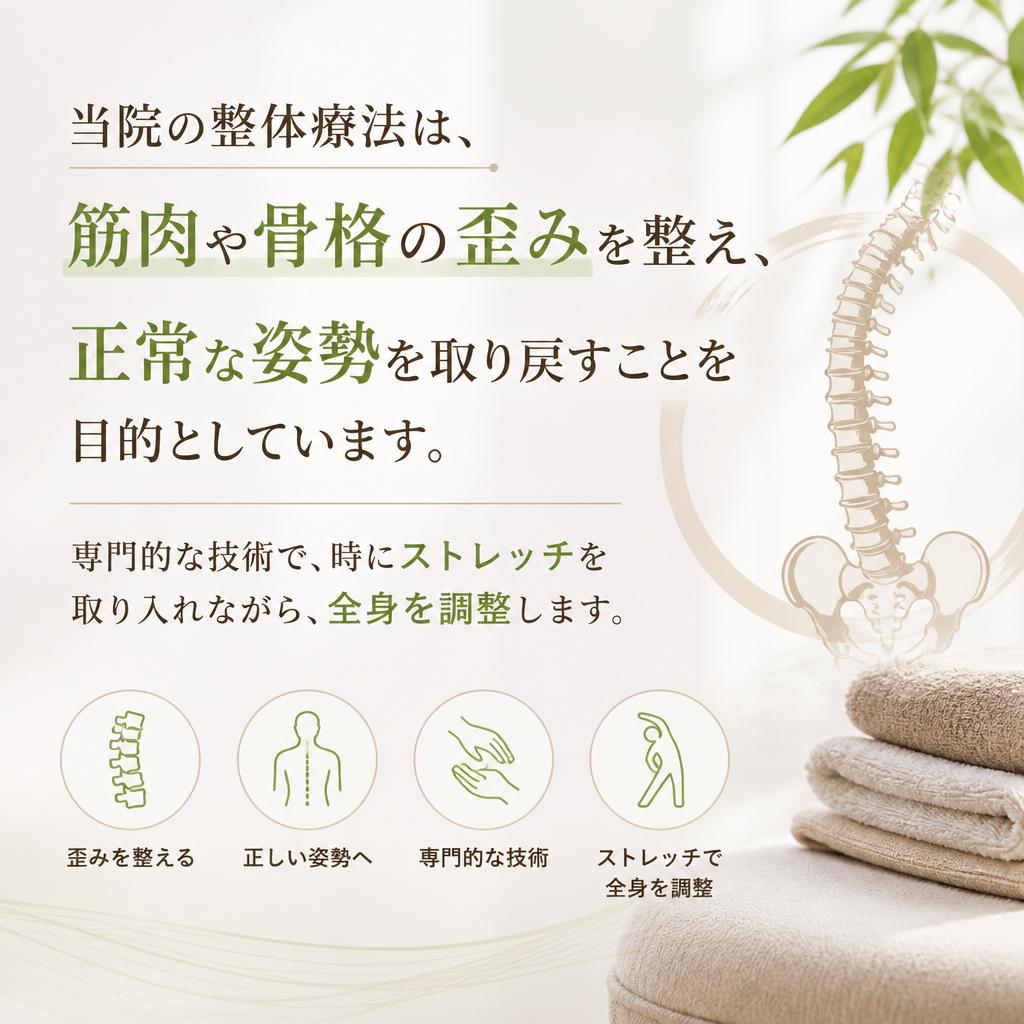 独自の整体療法で体の歪みを改善